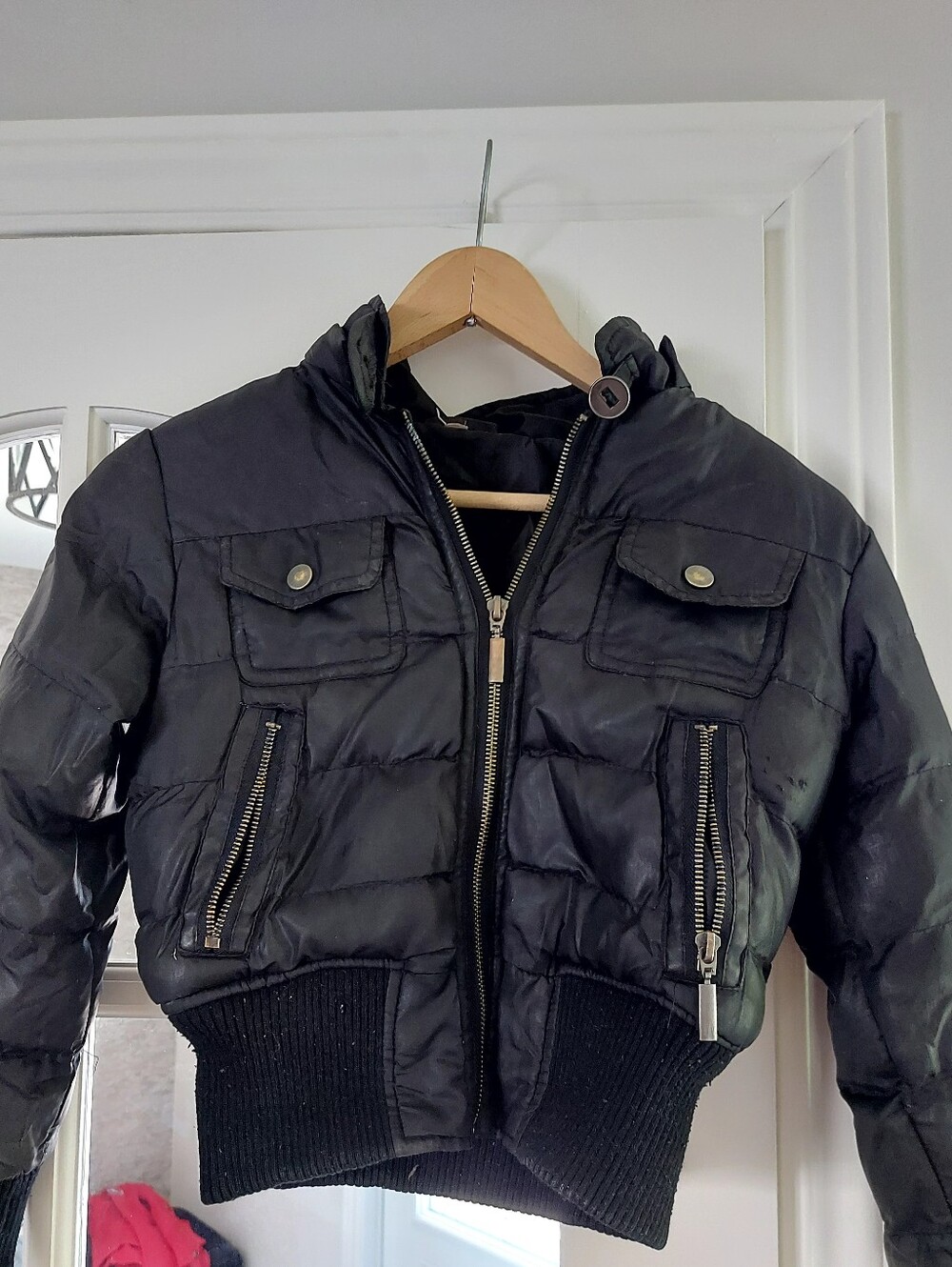 Youth Black Quilted Puff Jacket with Ribbed Hem